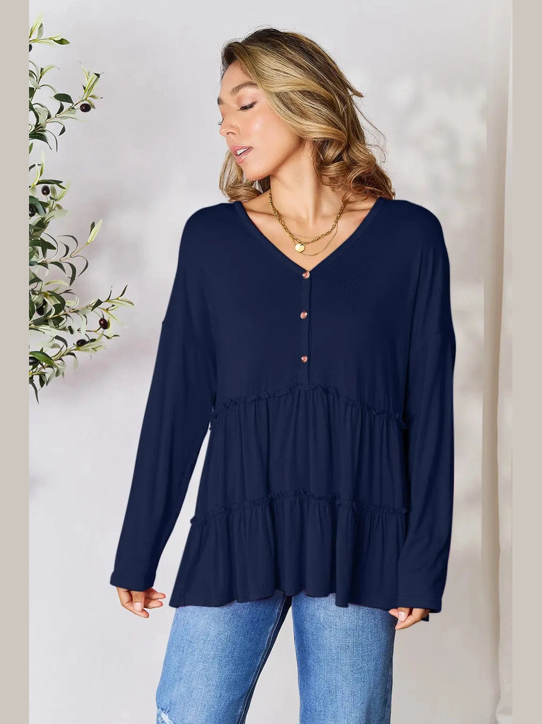Double Take Half Button Long Sleeve Ruffle Hem Blouse nicholesgifts