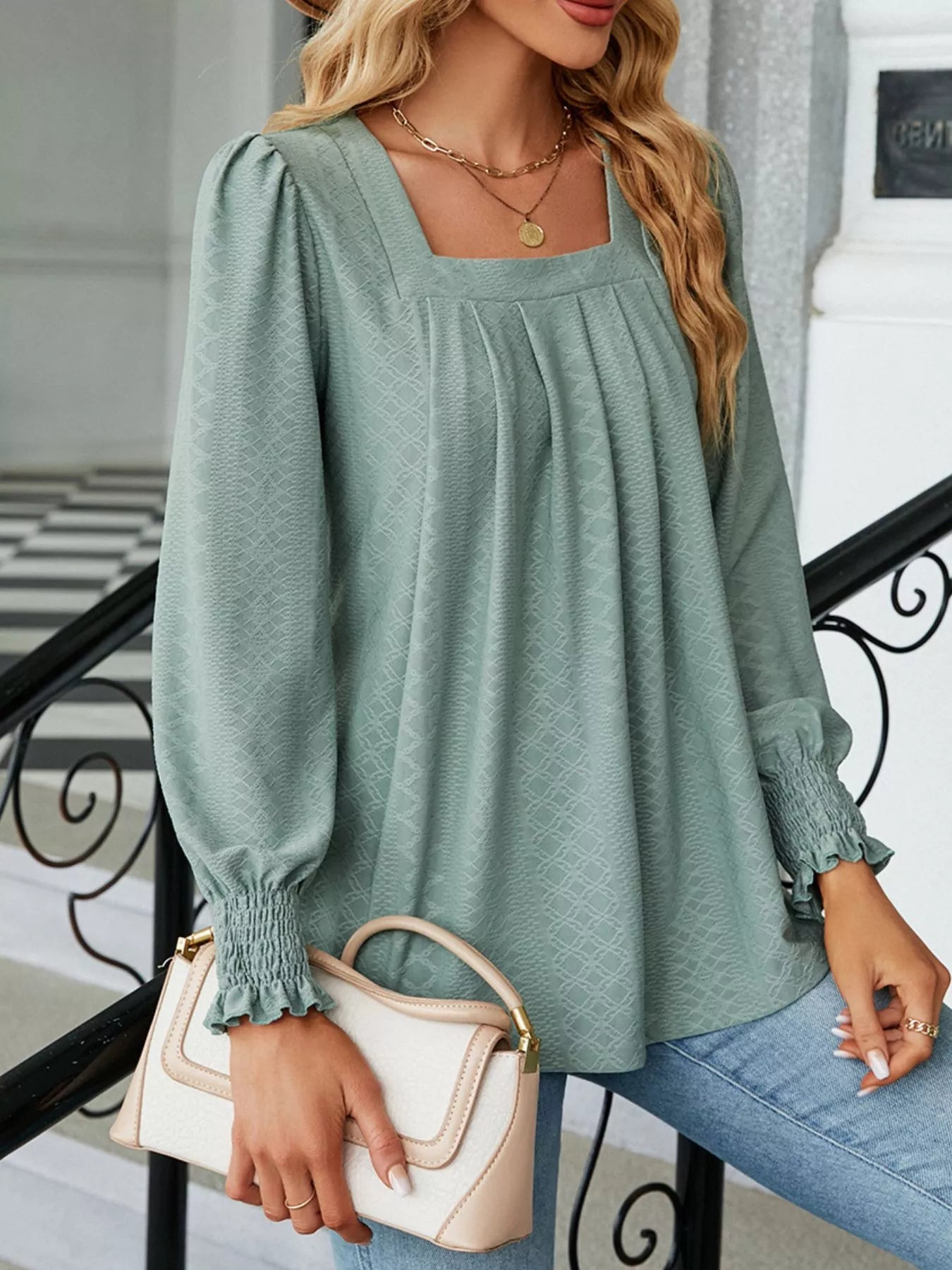 Pleated Square Neck Long Sleeve Top Trendsi