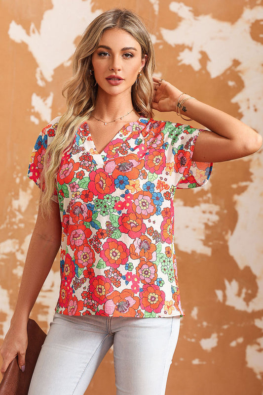Printed Notched Short Sleeve Blouse NicholesGifts