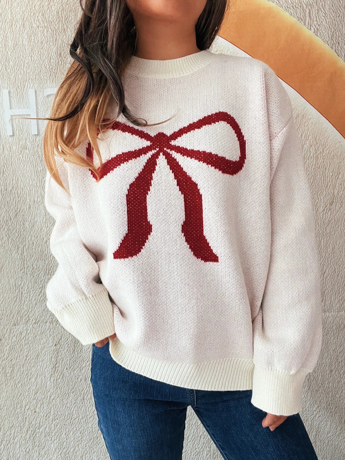 Bow Pattern Casual Long Sleeve Sweater