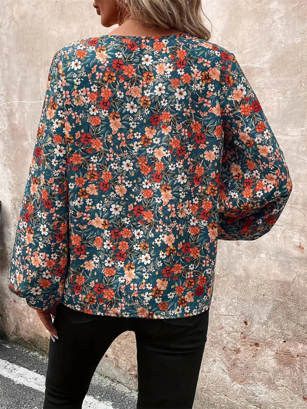 Printed V-Neck Balloon Sleeve Blouse NicholesGifts