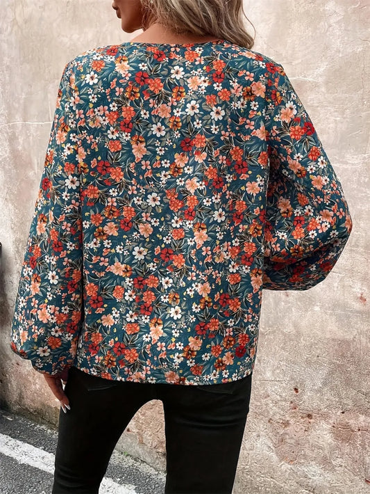 Printed V-Neck Balloon Sleeve Blouse nicholesgifts