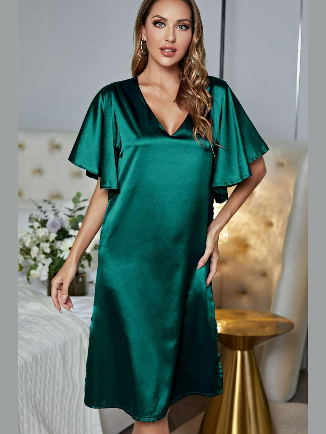 Satin Flutter Sleeve Side Slit V-Neck Night Dress nicholesgifts