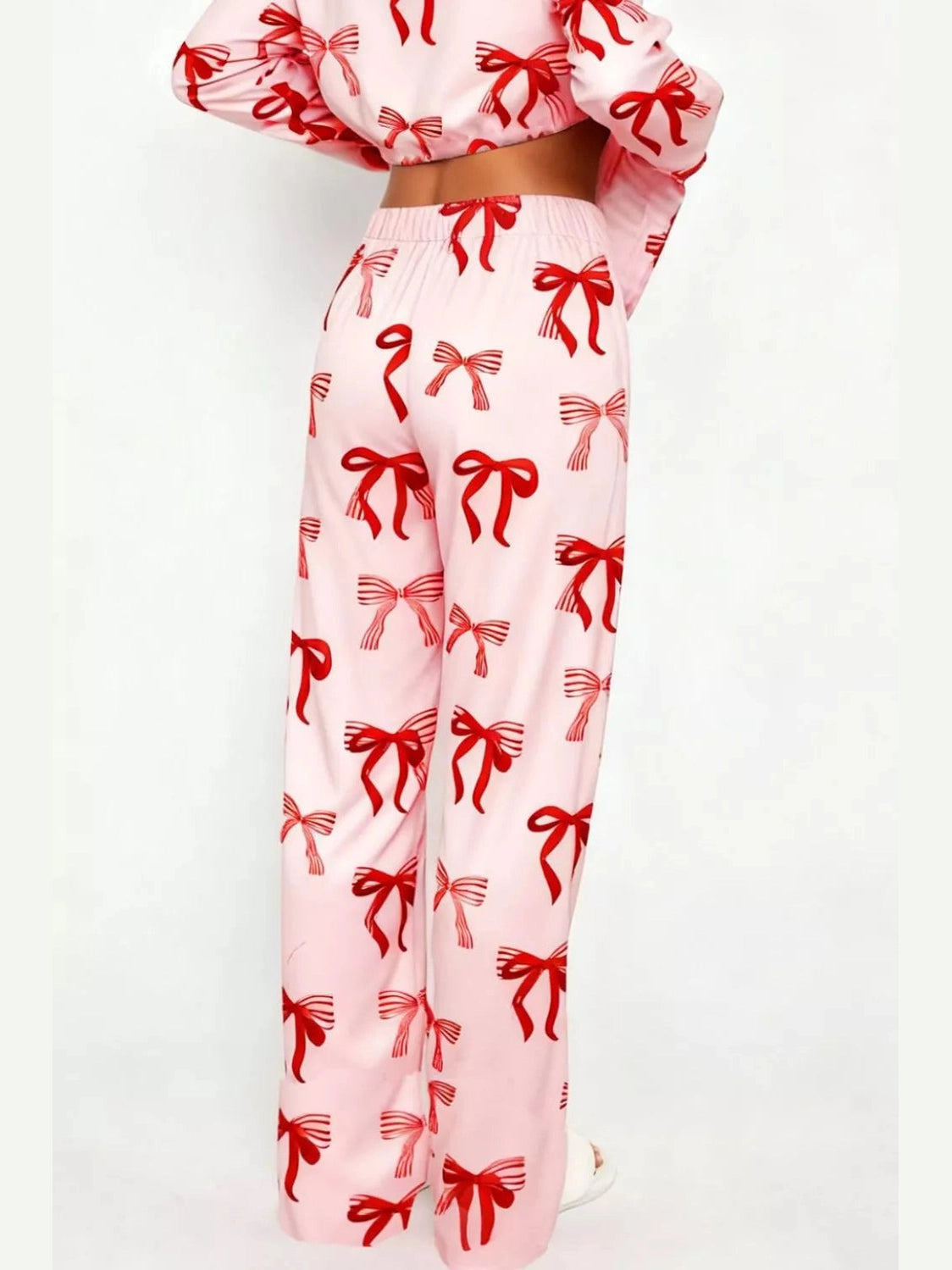 Bow Print Top and Wide Leg Pants Lounge Set nicholesgifts