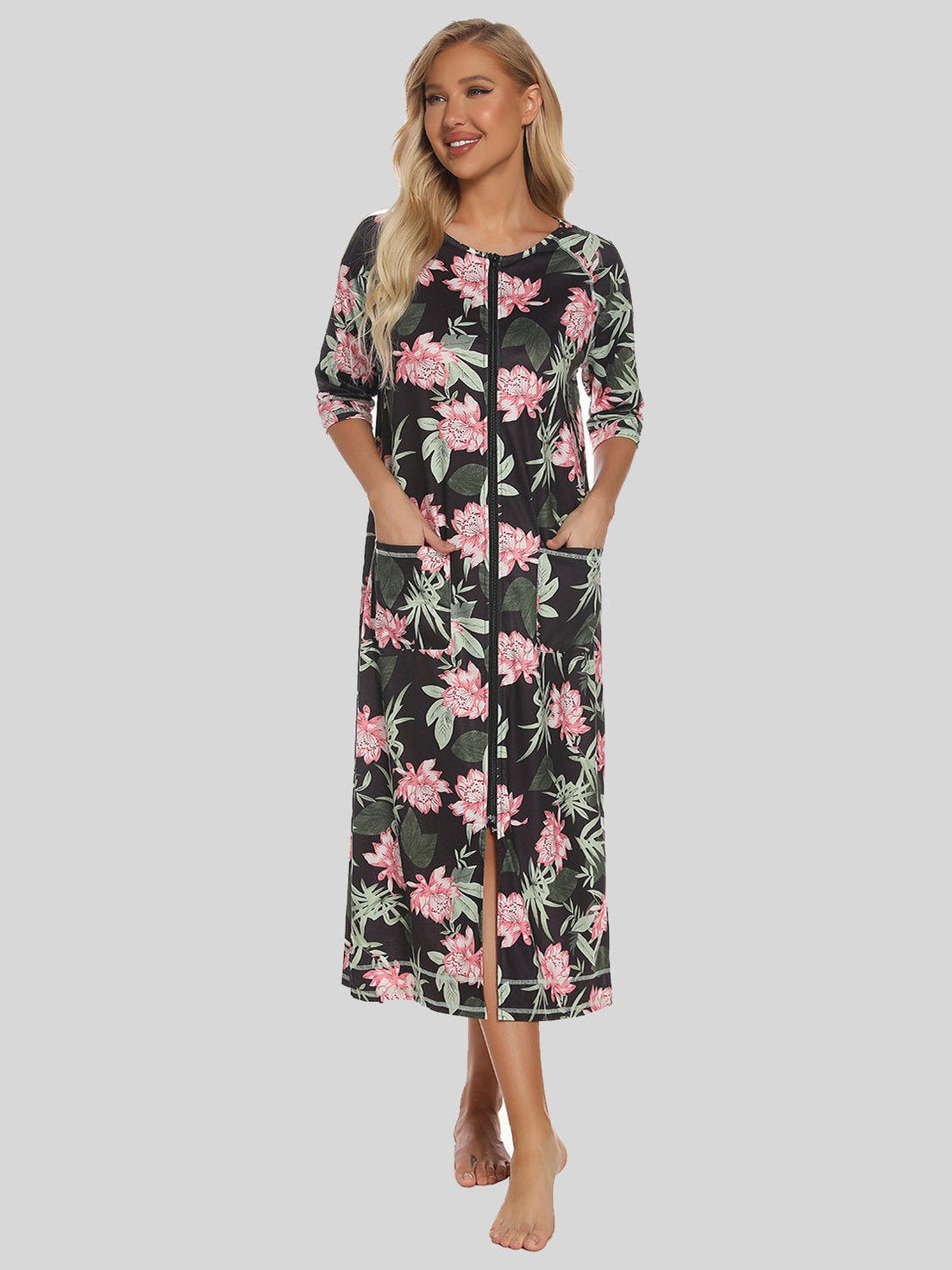 Printed Slit Night Dress with Pockets nicholesgifts