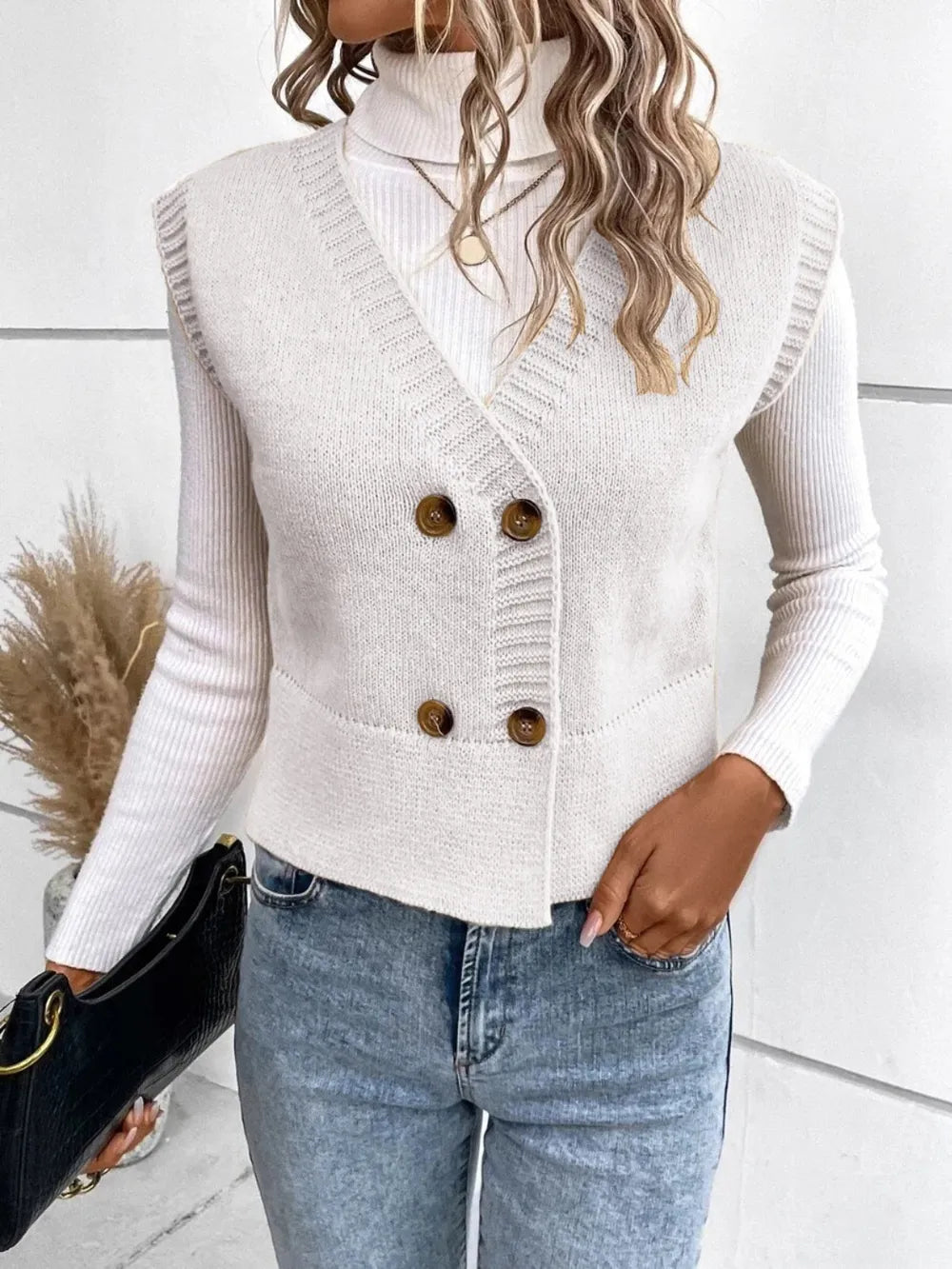 Full Size Button Up V-Neck Sweater Vest nicholesgifts