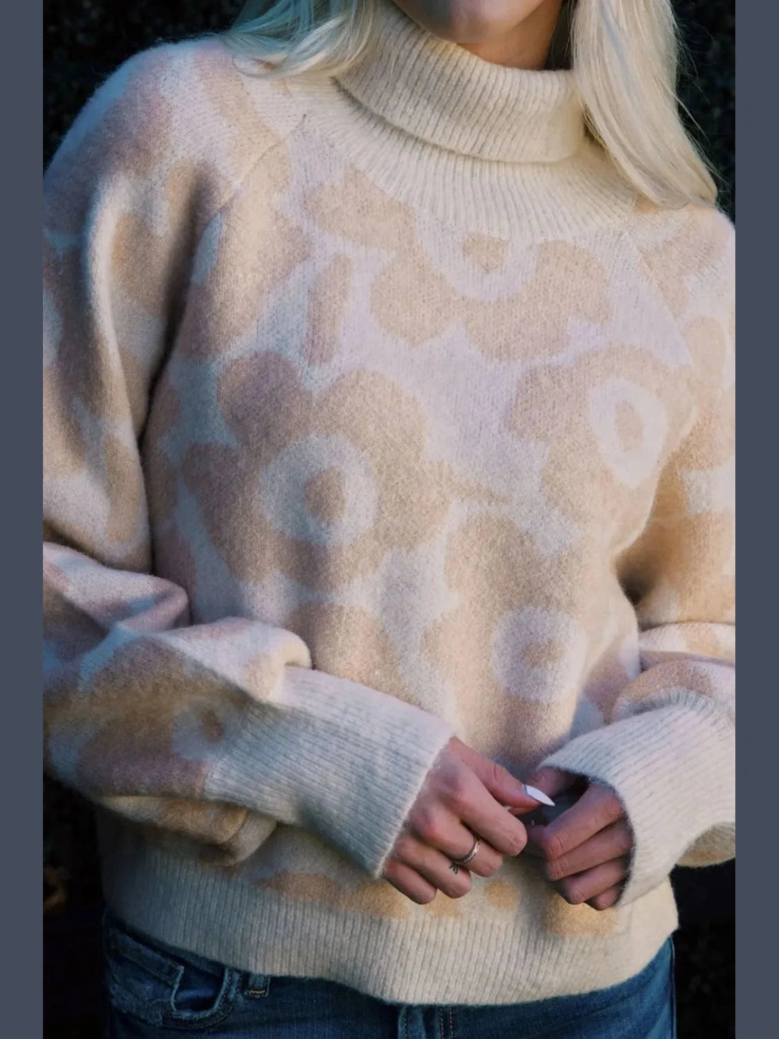 Flower Pattern Turtleneck Long Sleeve Sweater Trendsi