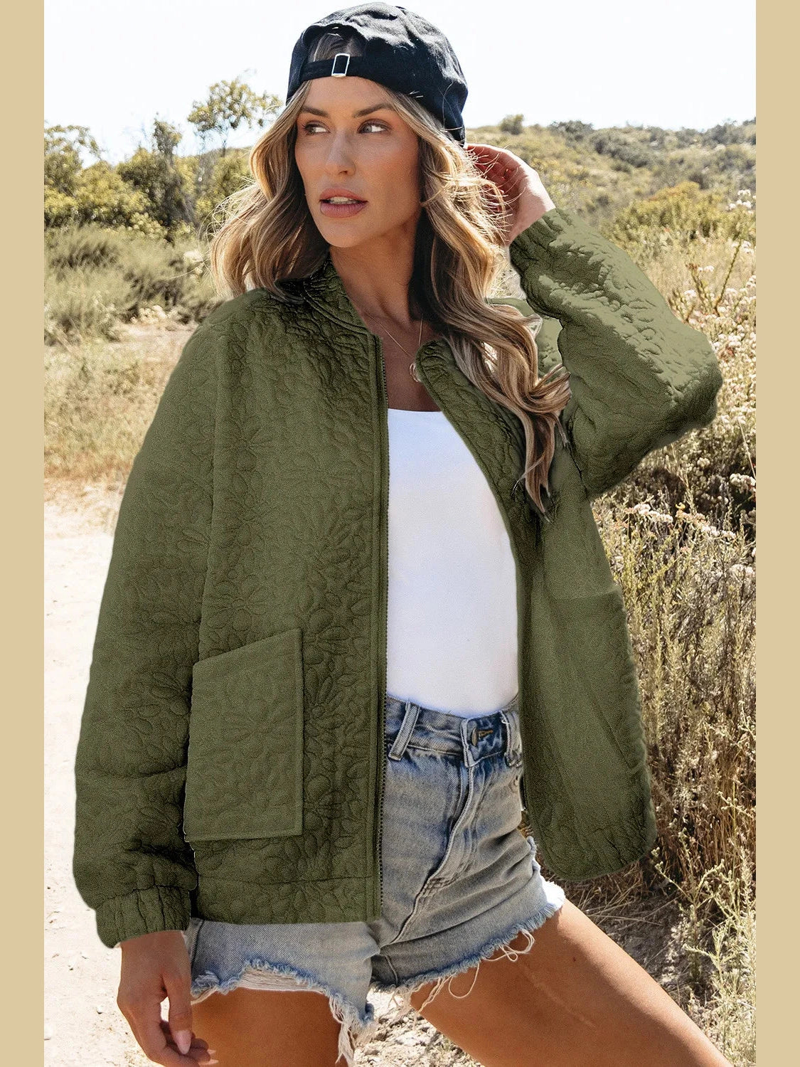 Baseball Collar Floral Quilted Jacket