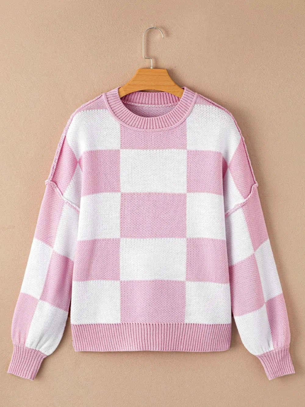 Checkered Exposed Seam Drooped Shoulder Sweater nicholesgifts