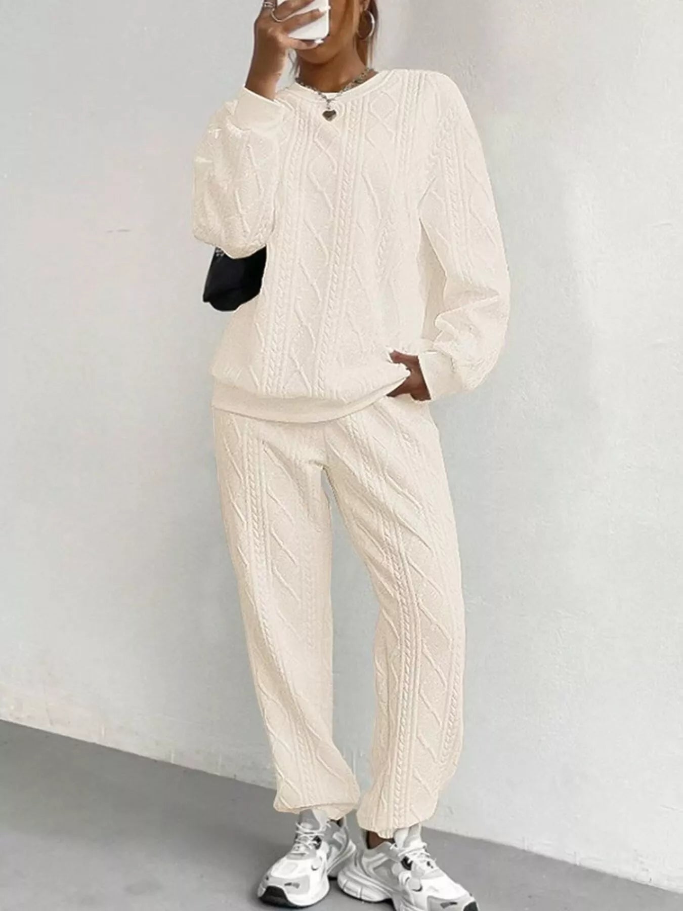 Texture Round Neck Top and Pants Set nicholesgifts