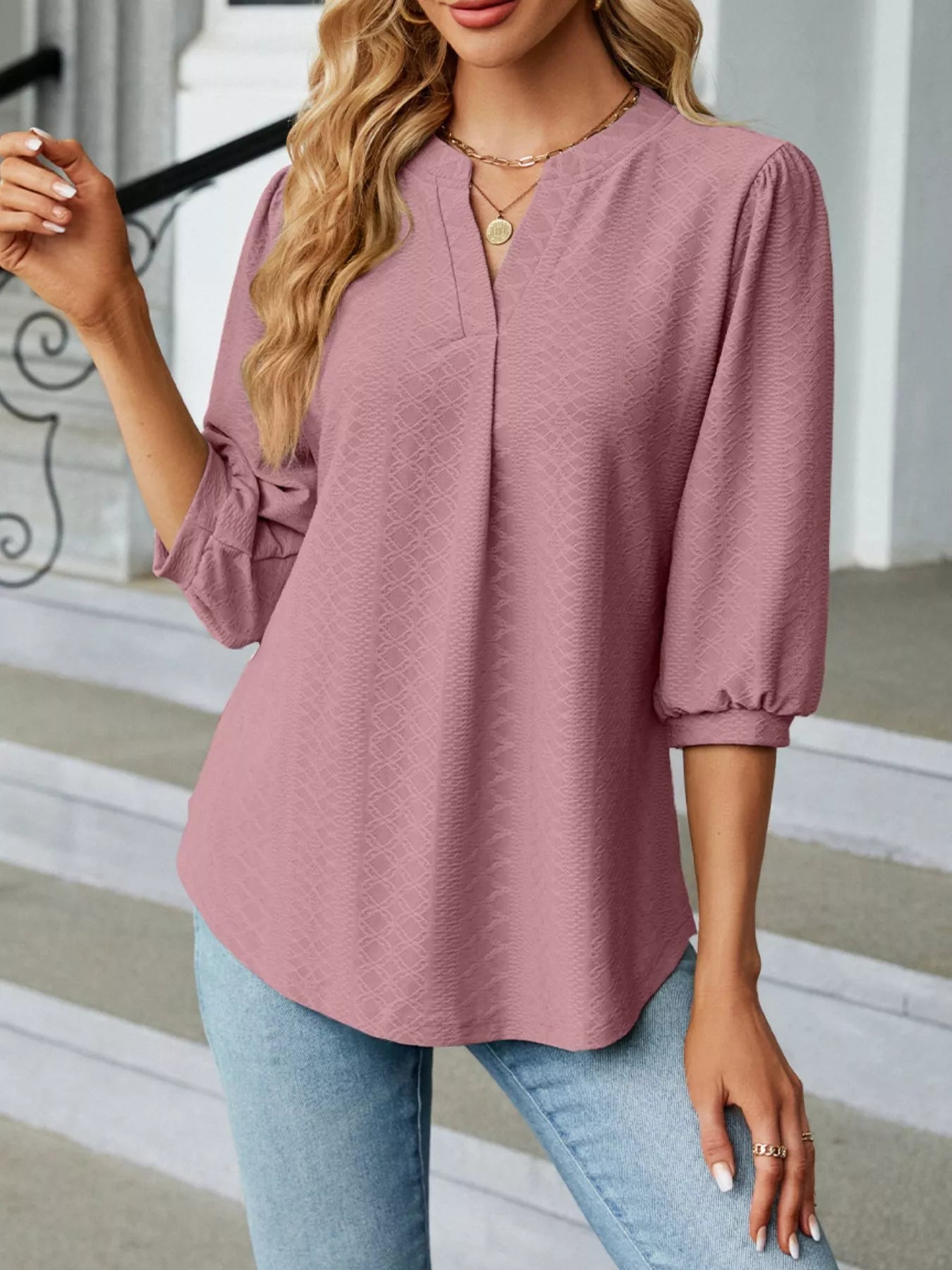 Notched 3/4 Sleeve Casual Top Trendsi