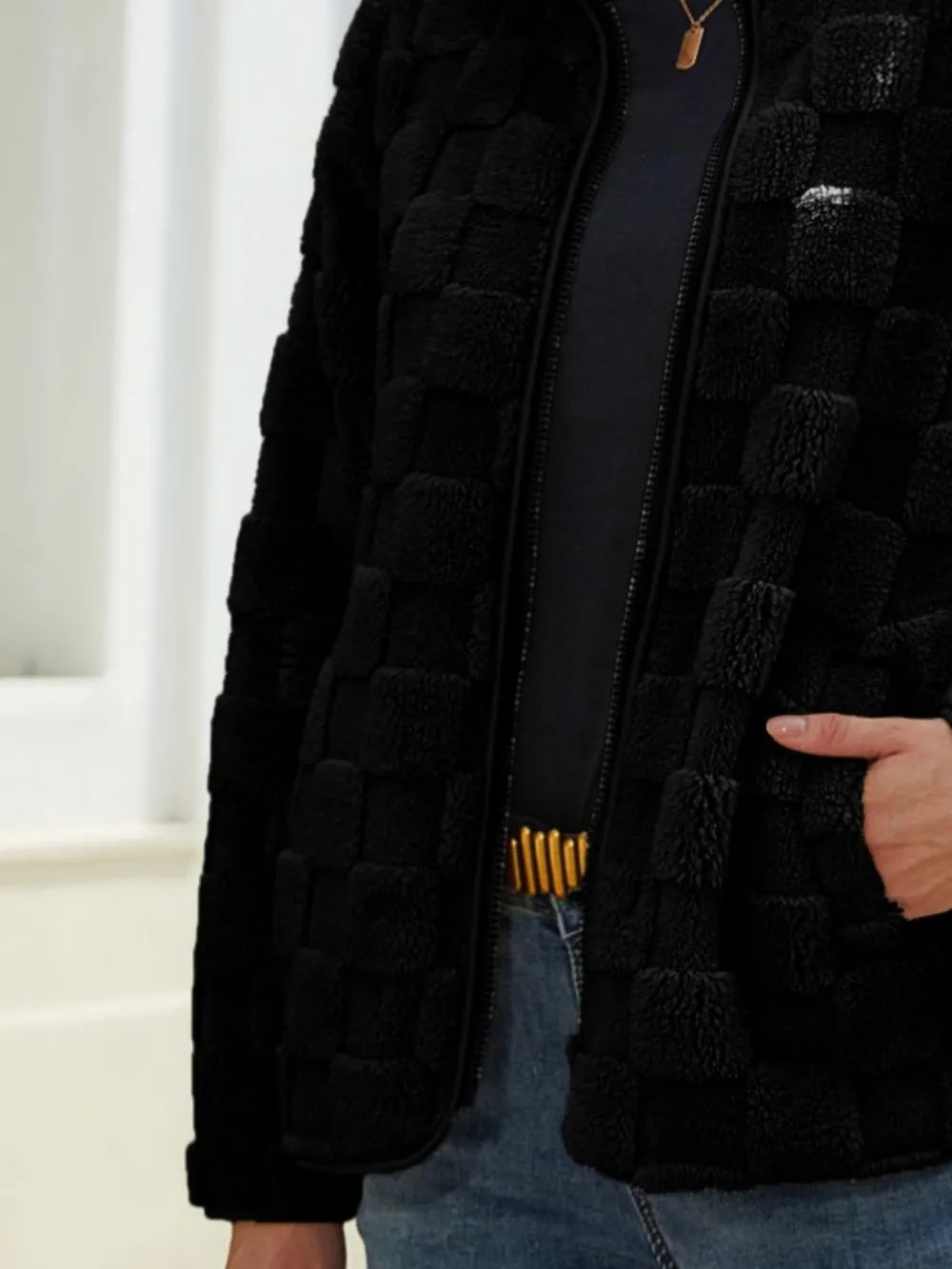 Fuzzy Checkered Zip Up Jacket nicholesgifts