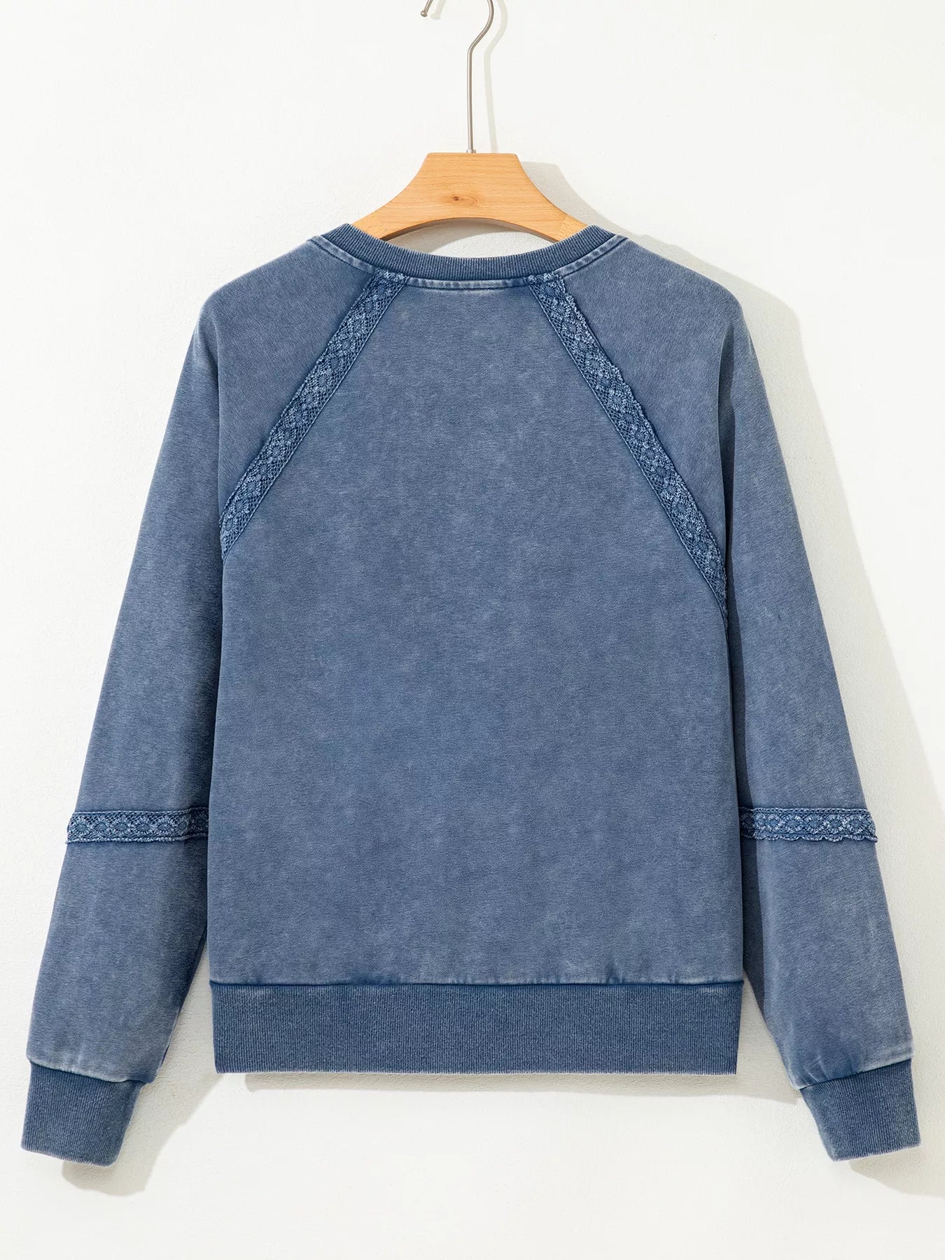 Lace Patchwork Detail Notched Neck Mineral Wash Baggy Sweatshirt Trendsi