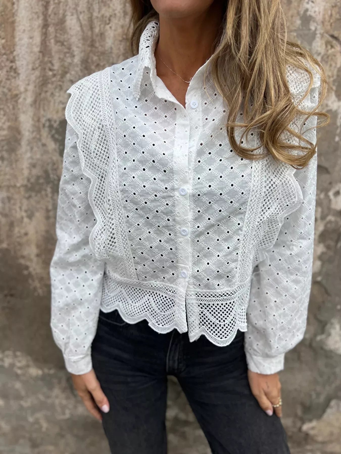 Eyelet Button-Up Shirt with Scalloped Hem