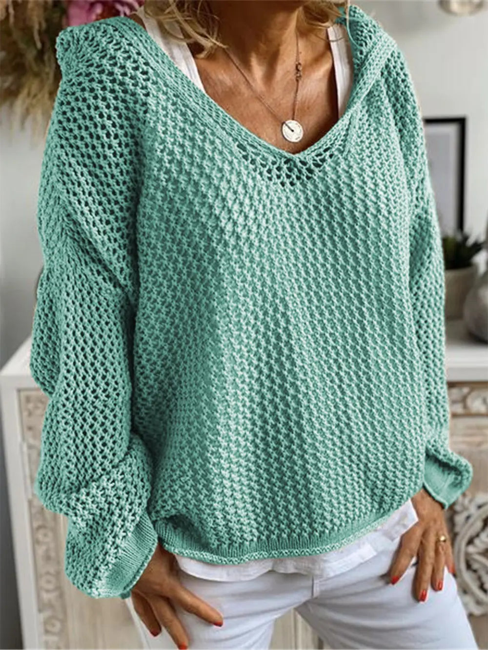 Openwork Hooded Long Sleeve Sweater nicholesgifts
