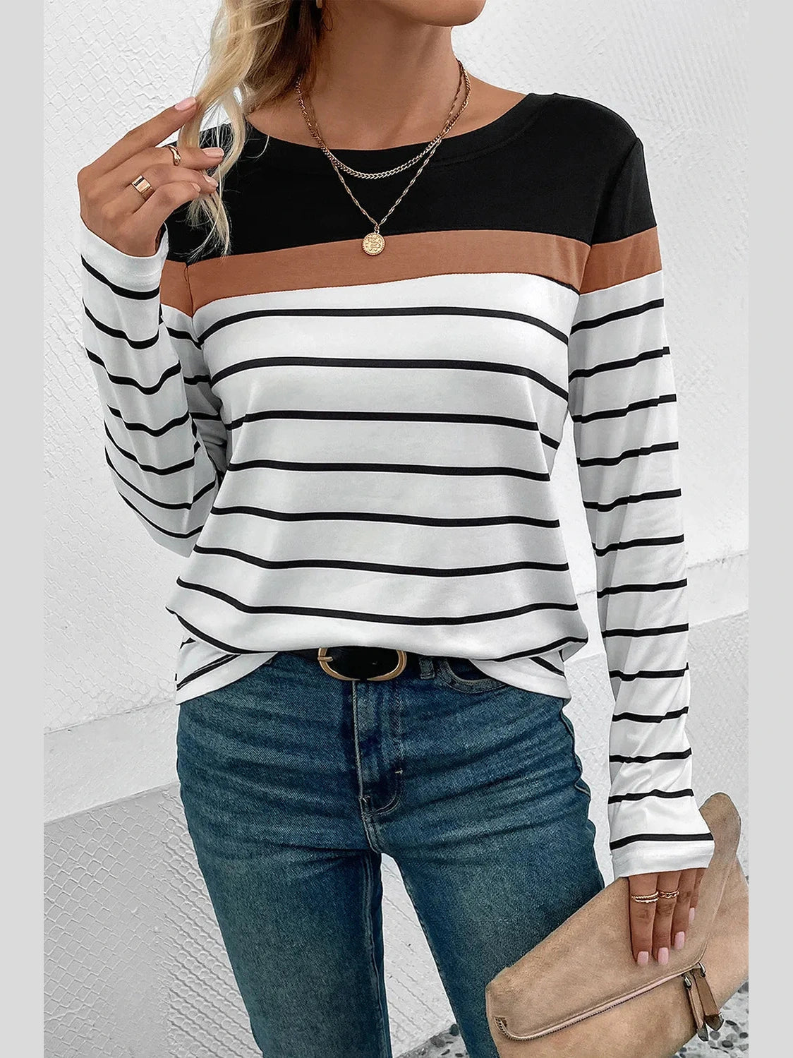 Perfee Striped Round Neck Long Sleeve T-Shirt nicholesgifts