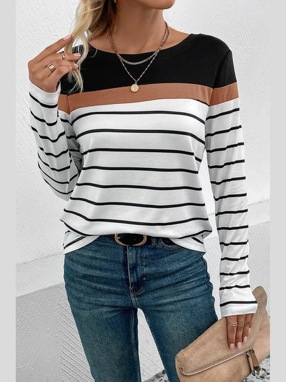 Perfee Striped Round Neck Long Sleeve T-Shirt nicholesgifts