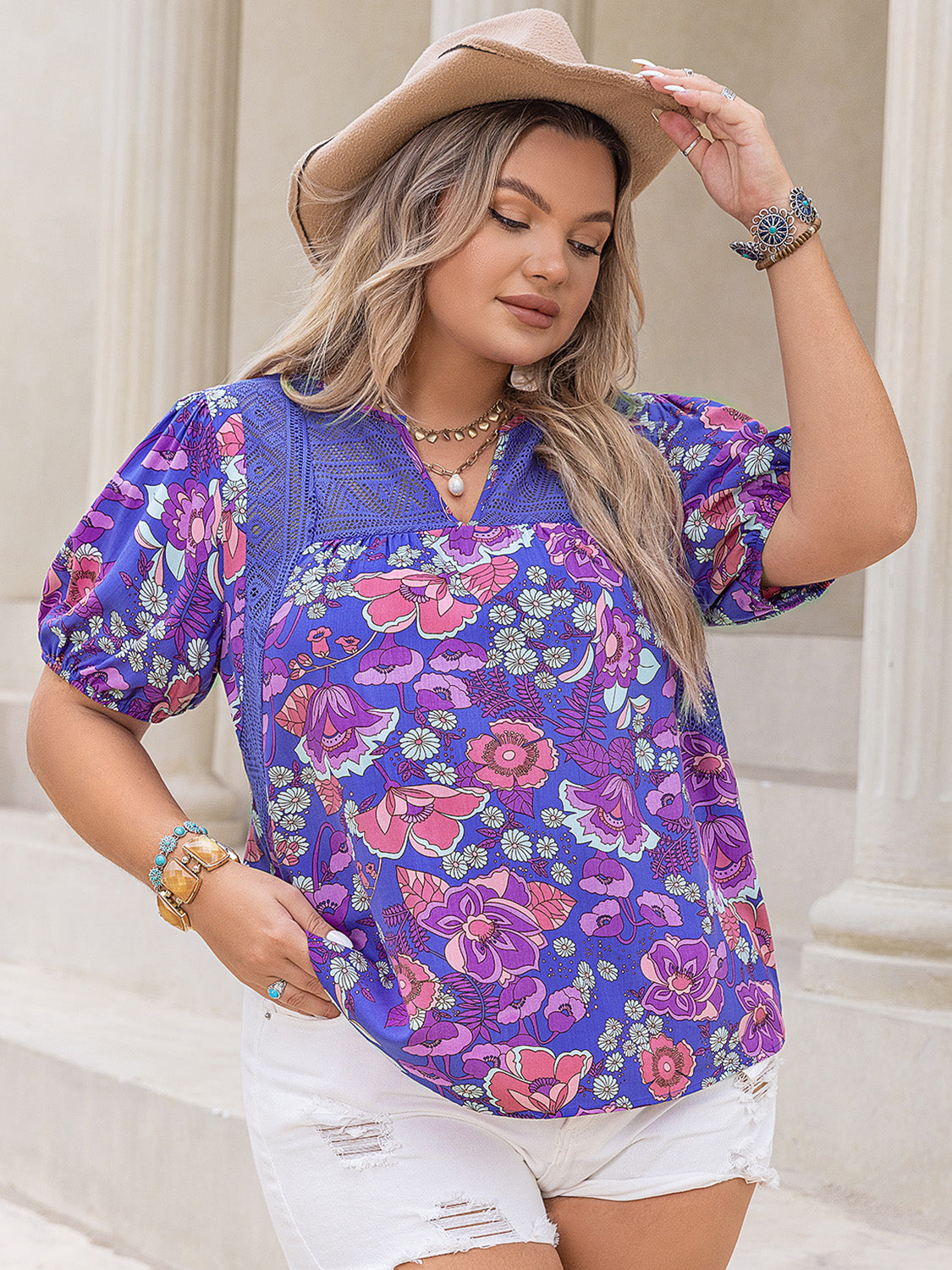 Plus Size Printed Notched Short Sleeve Blouse nicholesgifts