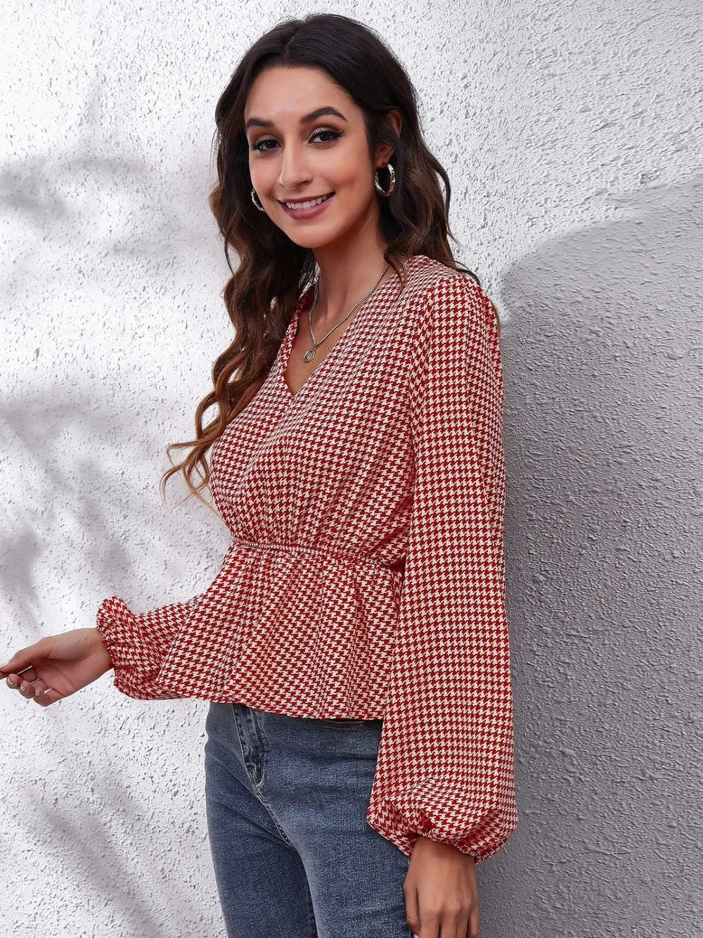 Ruched Printed V-Neck Long Sleeve Blouse nicholesgifts