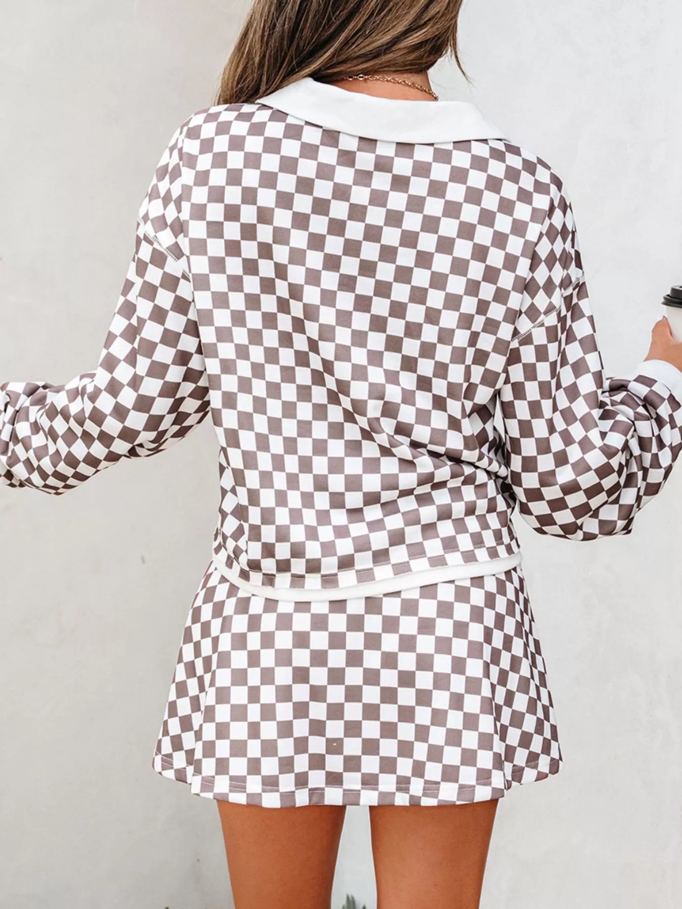 Checkered Print Polo Collar Cropped Long Sleeve Top and Drawstring Mini Skirt Set Trendsi