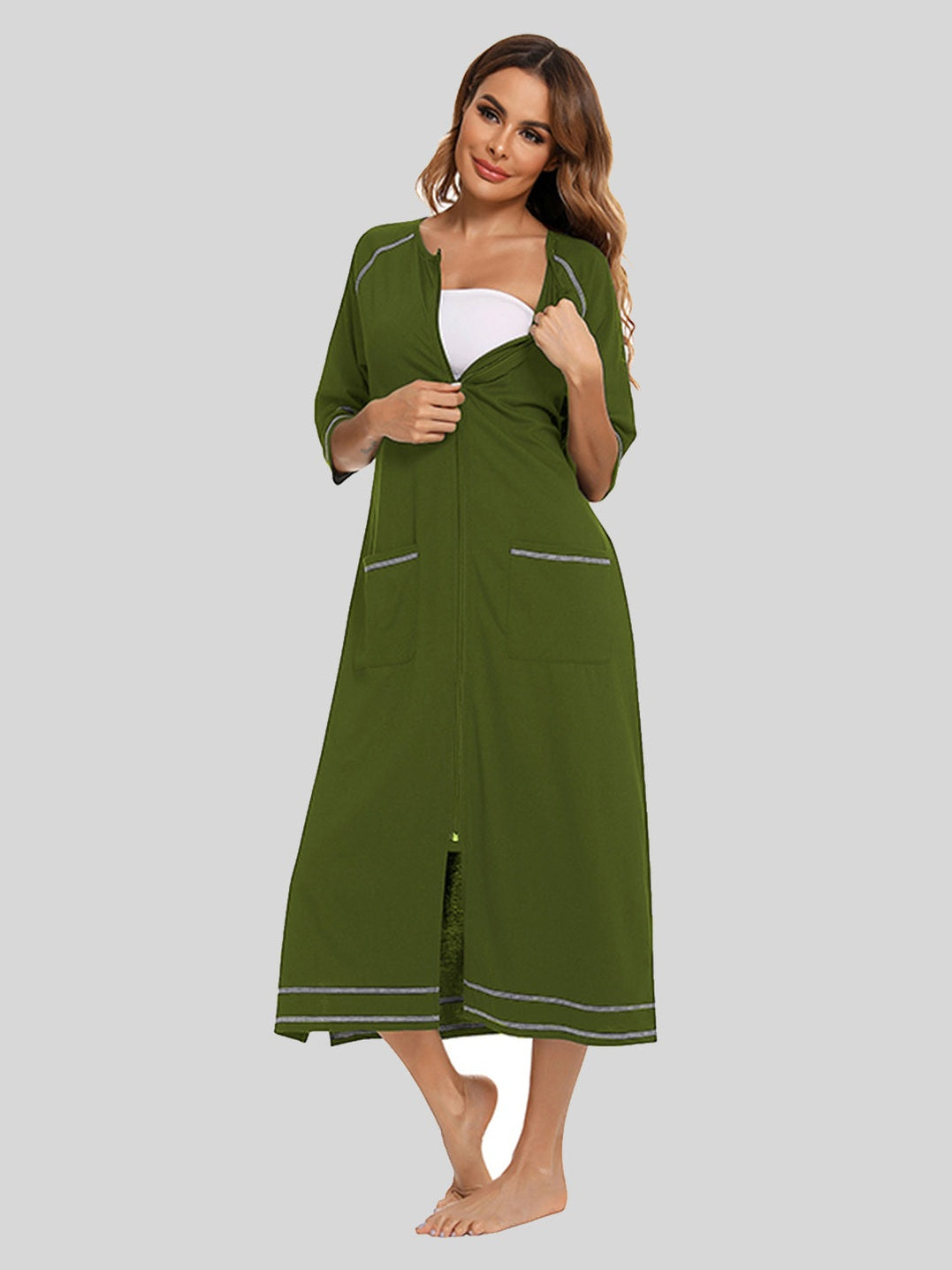 Zip Up Slit Round Neck Night Dress with Pockets nicholesgifts