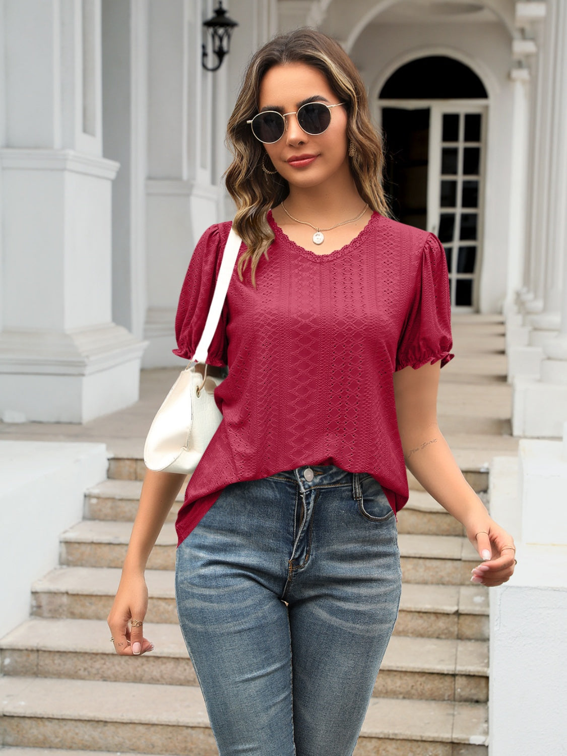 Eyelet Round Neck Short Sleeve Blouse nicholesgifts