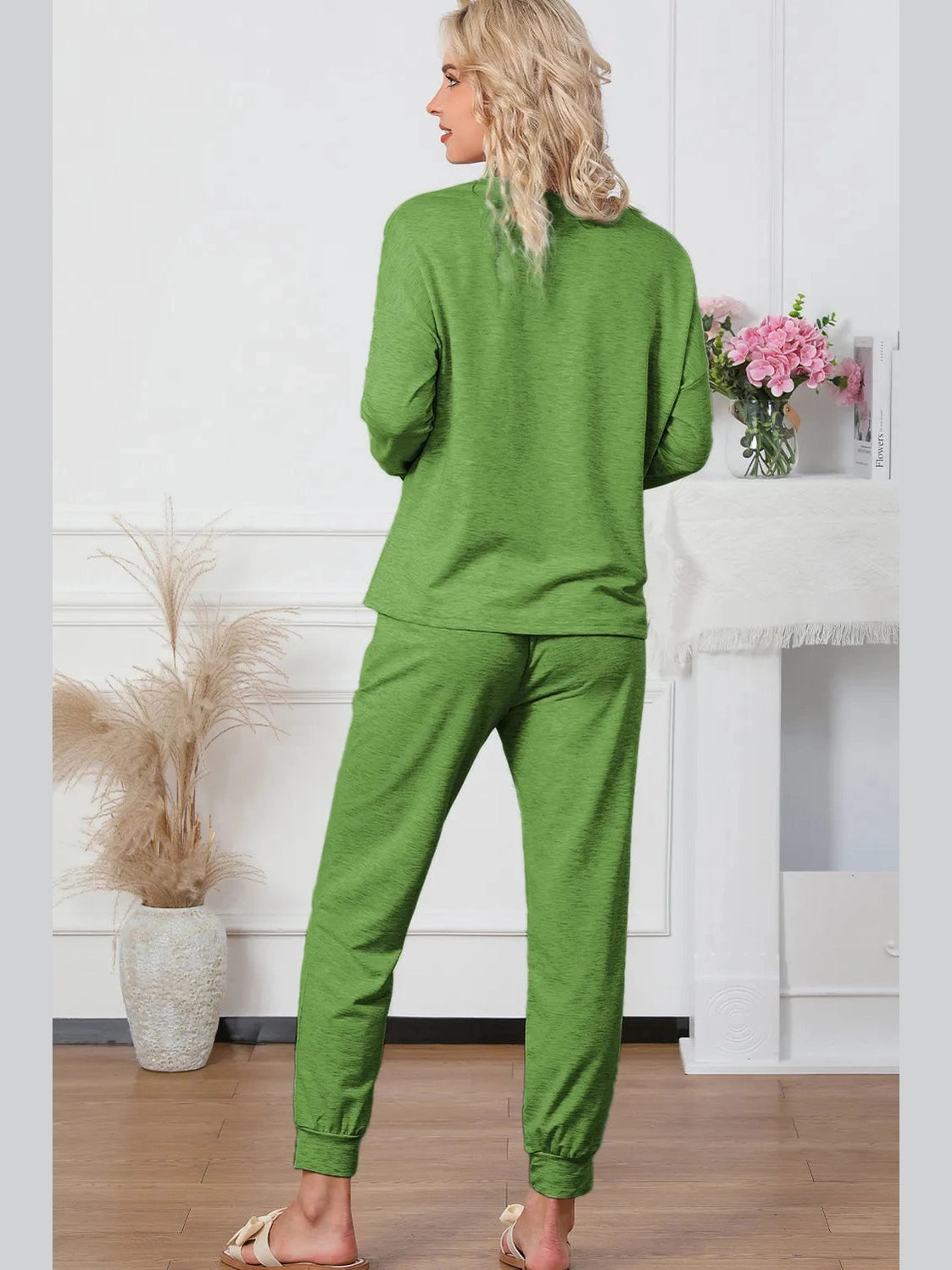 Round Neck Top and Drawstring Pants Lounge Set nicholesgifts