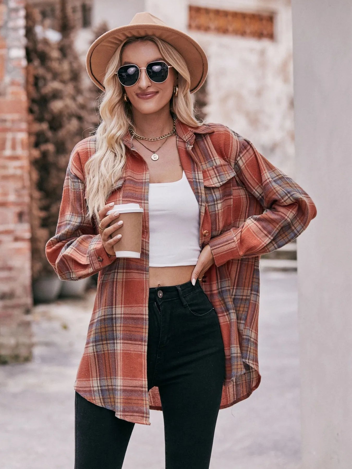 Plaid Button-Down Long Sleeve Shirt Trendsi
