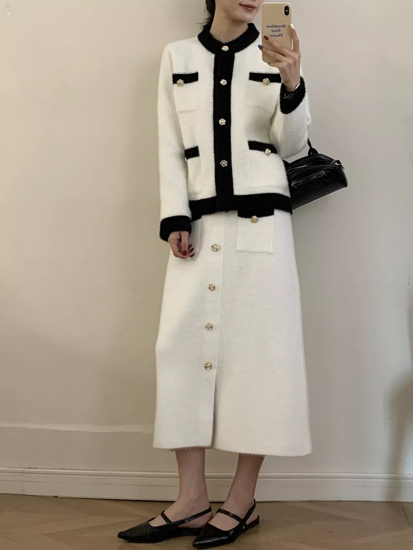 Contrast Trim Jacket and Skirts Sweater Set nicholesgifts