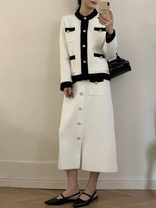 Contrast Trim Jacket and Skirts Sweater Set nicholesgifts