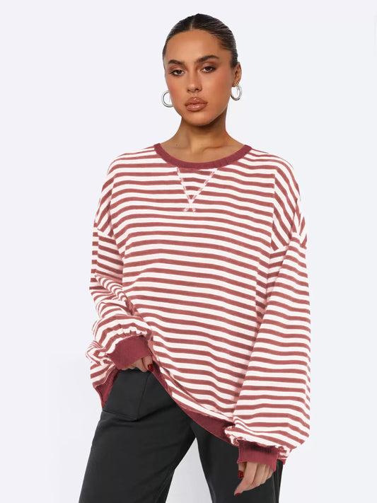 Striped Round Neck Long Sleeve Sweatshirt nicholesgifts