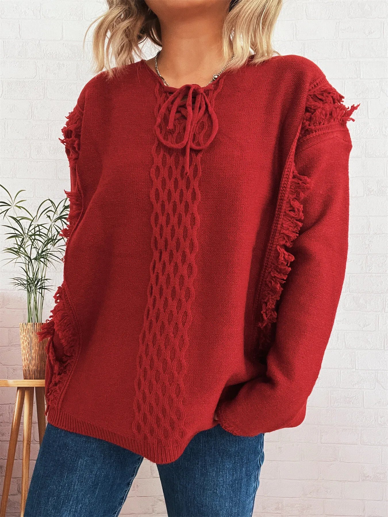 Raw Hem Lace Up Front Sweater Trendsi