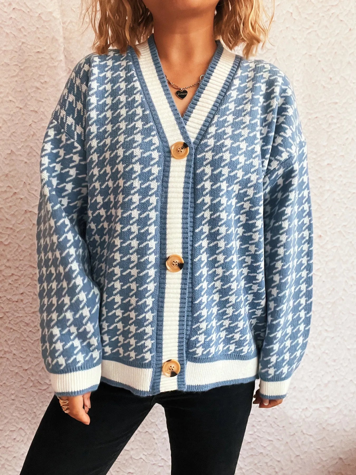 Houndstooth Pattern V-Neck Button-Up Cardigan