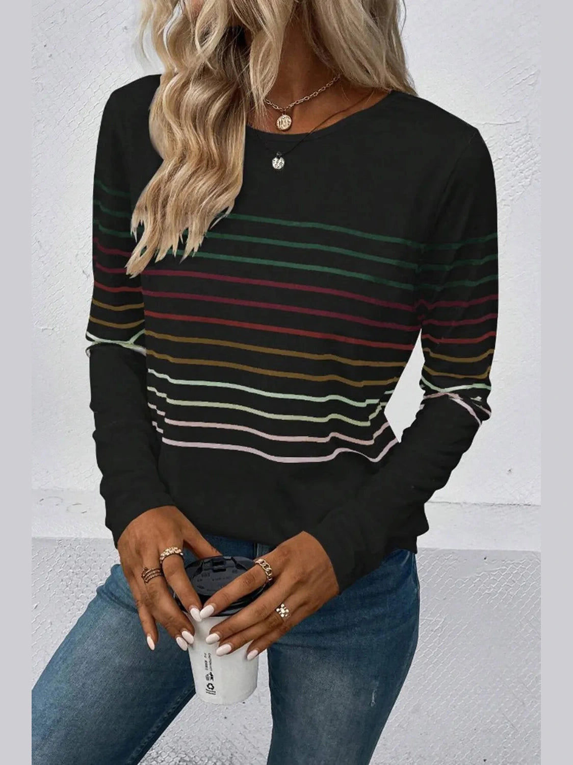 Striped Round Neck Long Sleeve T-Shirt nicholesgifts