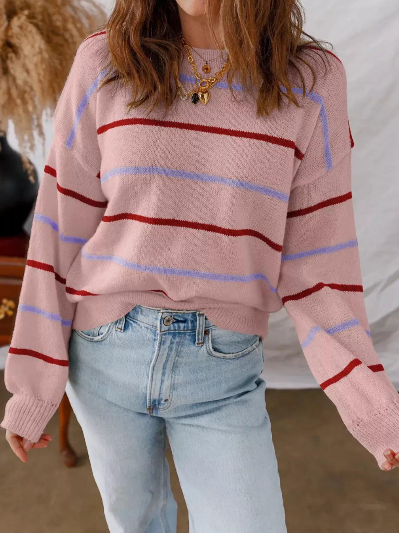 Striped Round Neck Drop Shoulder Sweater NicholesGifts