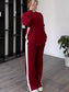 Full Size Contrast Round Neck Top and Pants Set Plus Size nicholesgifts