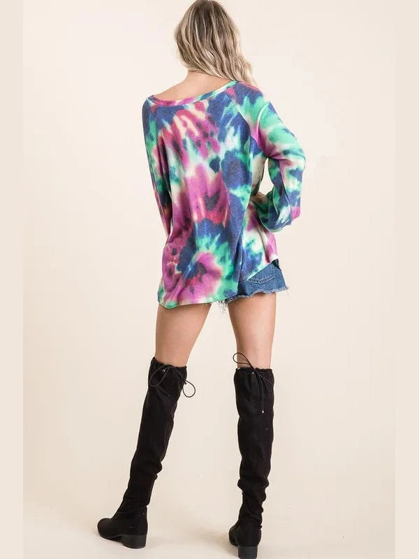 BiBi Tie Dye Print Terry Top with Puff Sleeves nicholesgifts