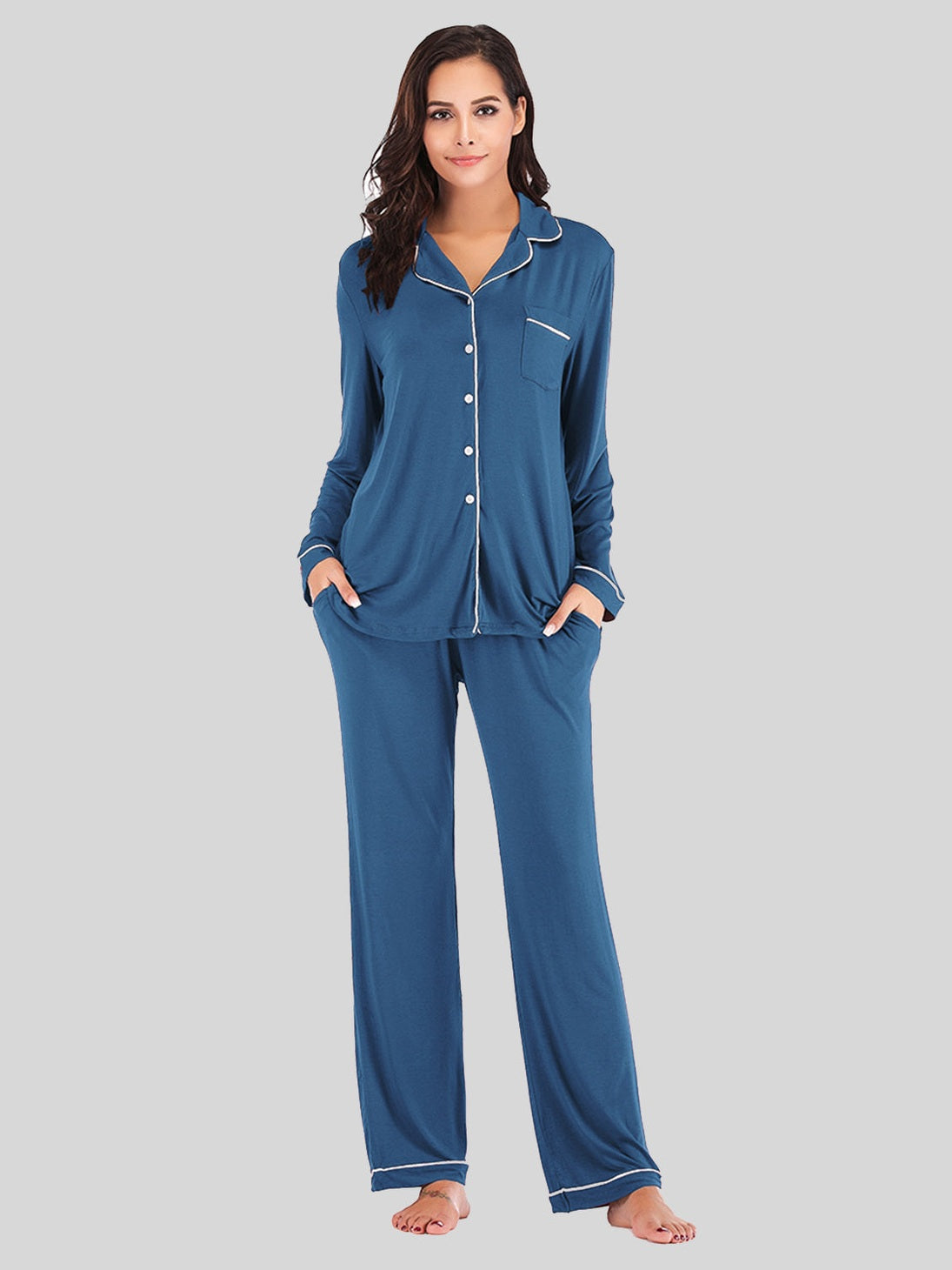 Collared Neck Long Sleeve Loungewear Set with Pockets nicholesgifts