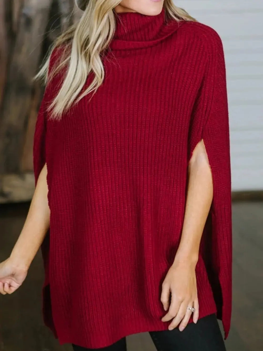 Turtleneck Slit Sweater Trendsi