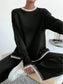 Side Slit Contrast Trim Round Neck Top and Pants Sweater Set nicholesgifts