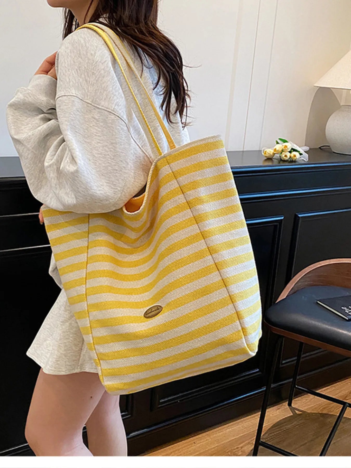 Striped Canvas Tote Bag Trendsi