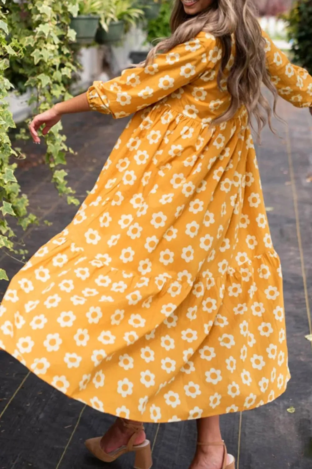 Floral Collared Neck Three-Quarter Sleeve Dress Trendsi