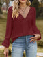 Lace Trim V-Neck Blouse with Flounce Sleeves nicholesgifts