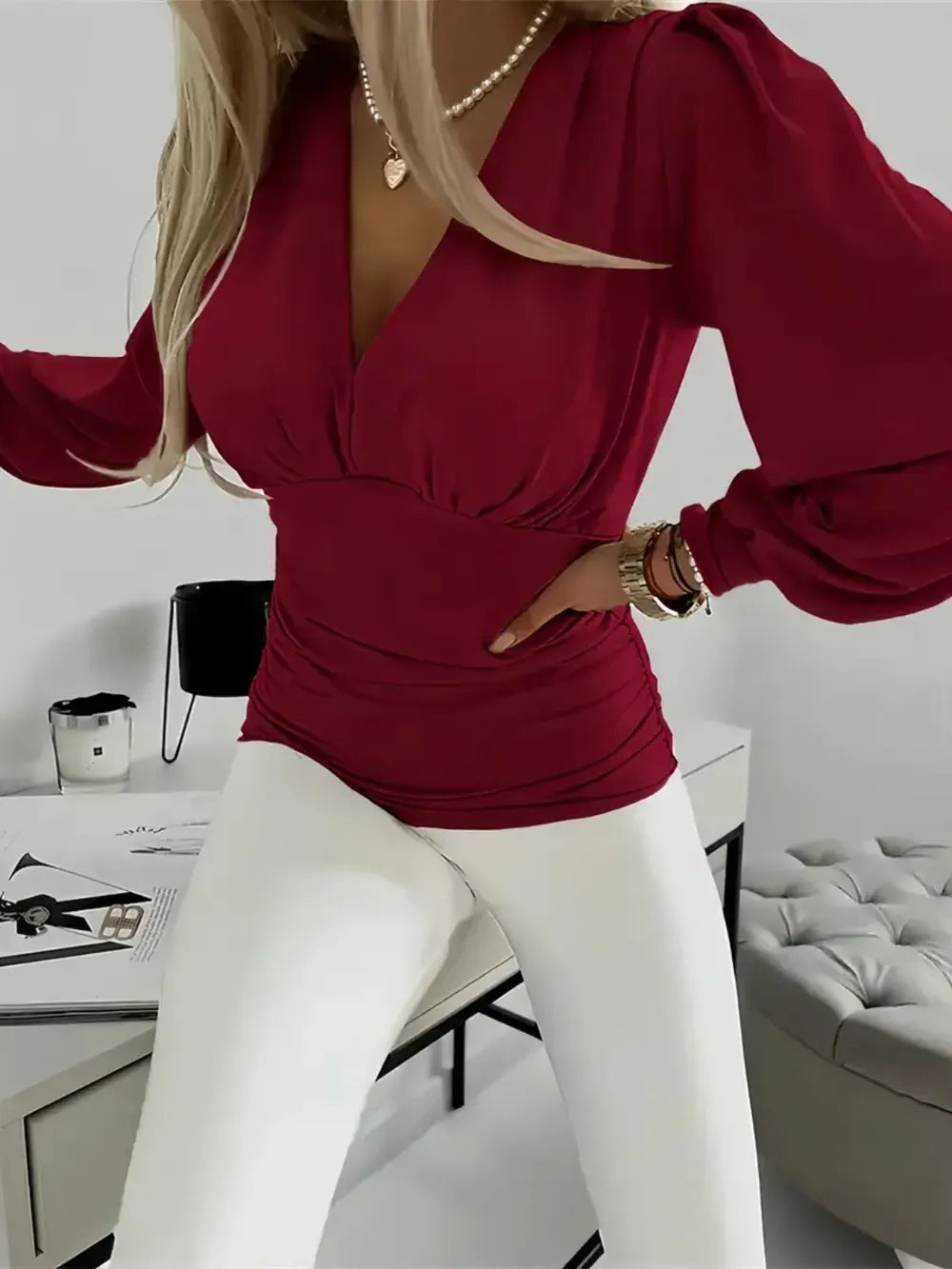 Ruched V-Neck Long Sleeve T-Shirt NicholesGifts