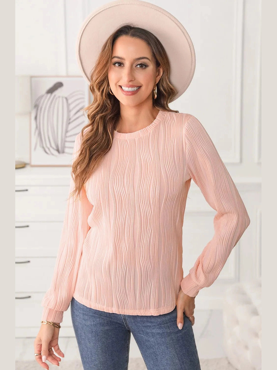 Textured Round Neck Long Sleeve Blouse NicholesGifts