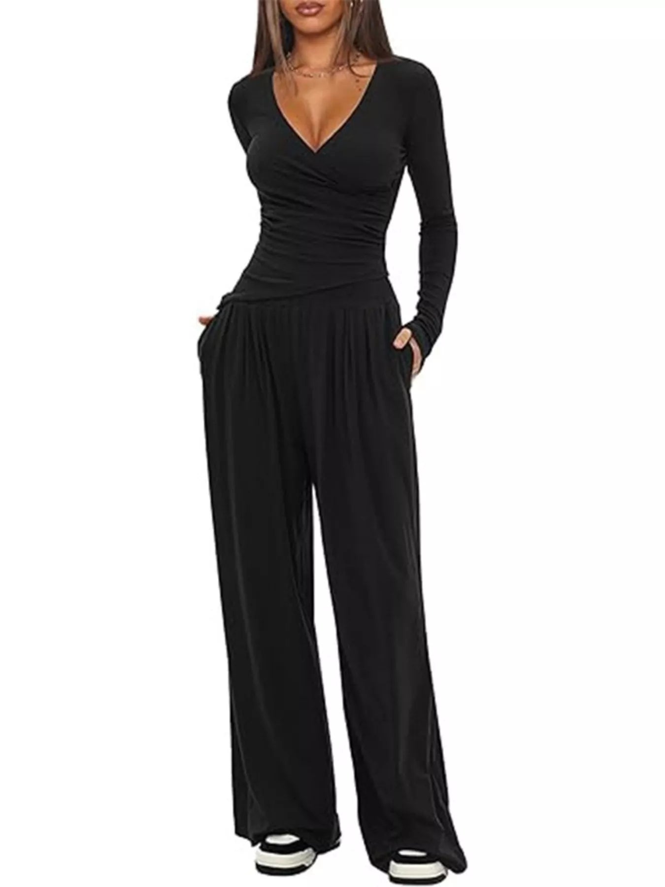 Casual Long Sleeve Top and Wide Leg Pants Set nicholesgifts