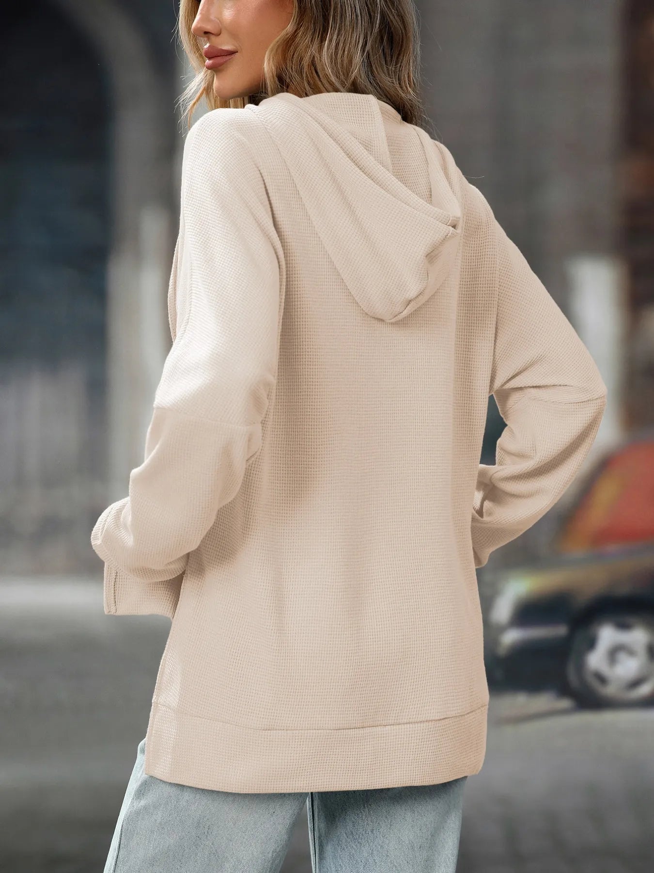 Textured Drawstring Long Sleeve Hoodie