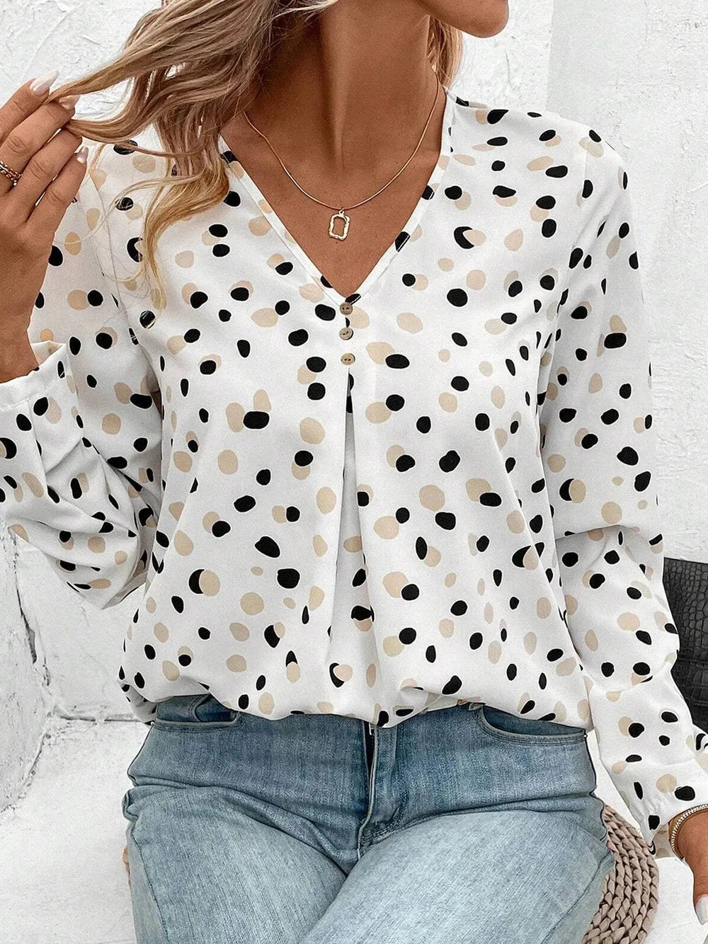 Printed V-Neck Long Sleeve Blouse NicholesGifts
