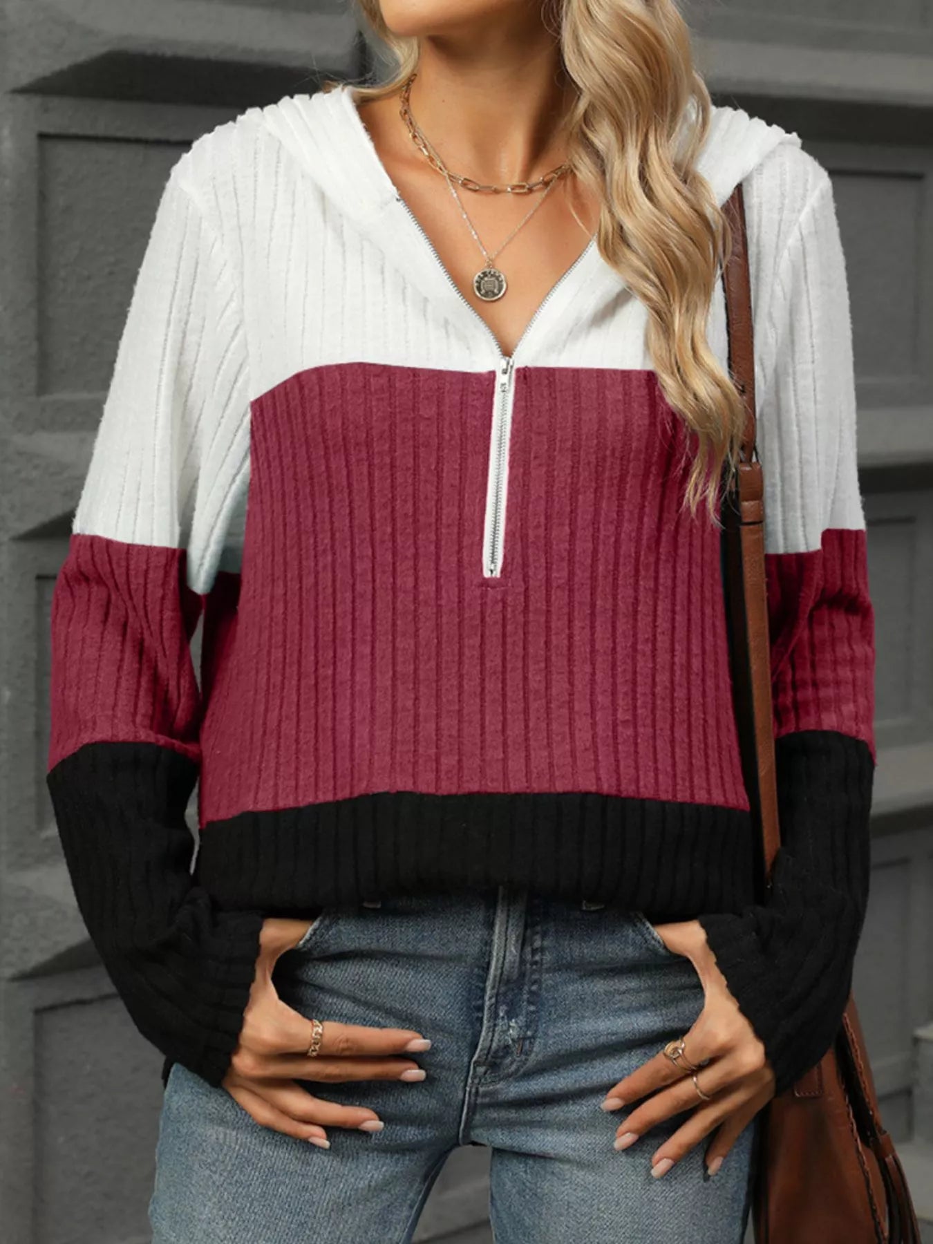 Color Block Half Zip Hooded Top Trendsi