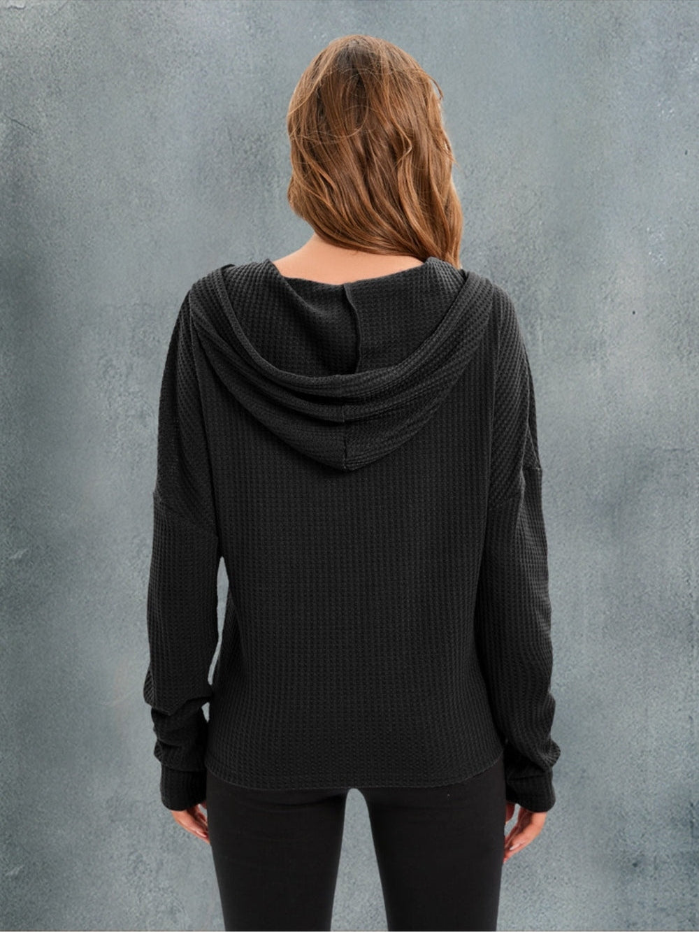 Waffle-Knit Drawstring Drop Shoulder Hoodie nicholesgifts